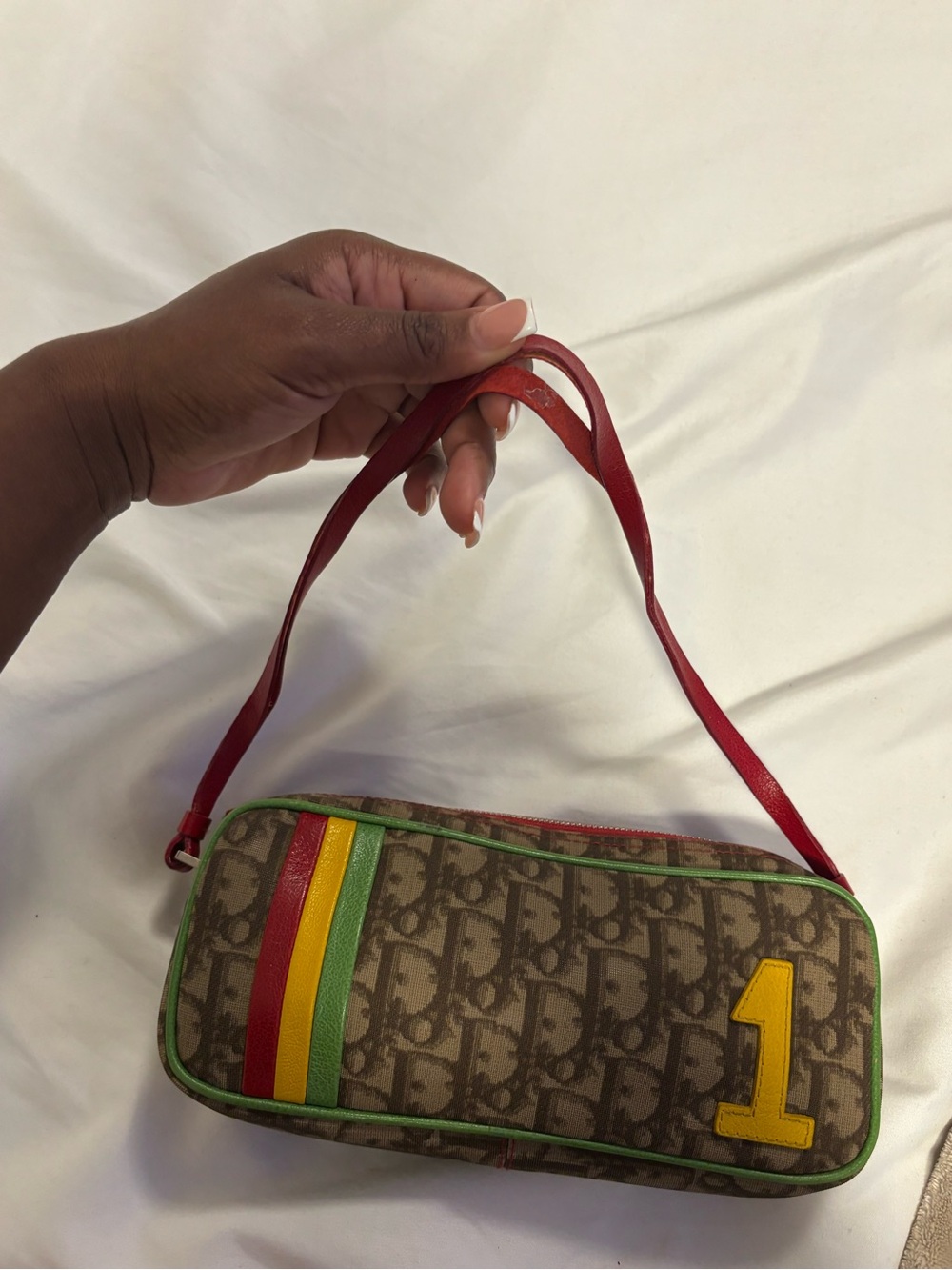 Dior Brown Monogram Shoulder Bag with Red Strap and Yellow Patch - Picture 6 of 6